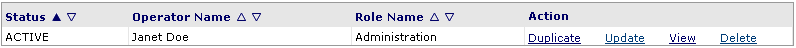 Table of search results with Status, Operator Name, Role Name and Action columns